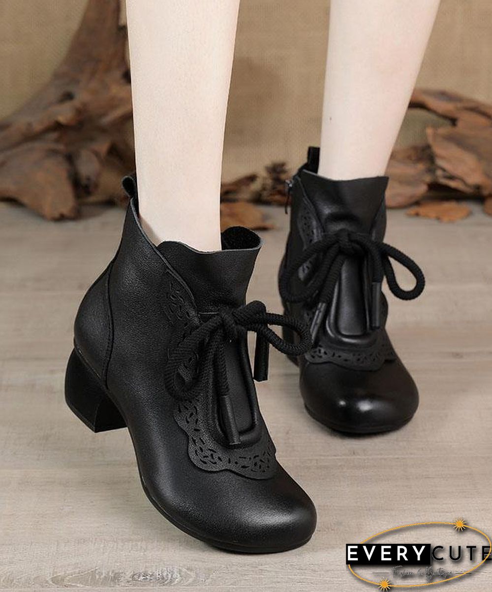 Black zippered Cowhide Leather Boots Lace Up Boots