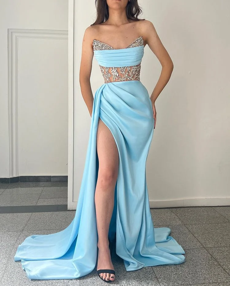 Miabel Chic Slit Sky Blue Strapless Mermaid Prom Dress With Beads