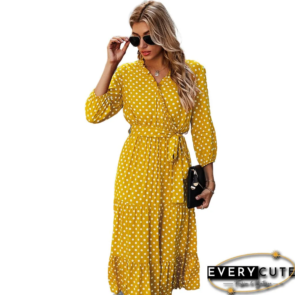 Yellow 3/4 Sleeve Polka Dot Ruffle Hem Maxi Dress