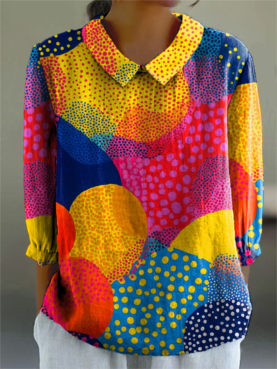 Women's Bright Polka Dot Art Print Casual Cotton And Linen 3/4 Sleeve Shirt