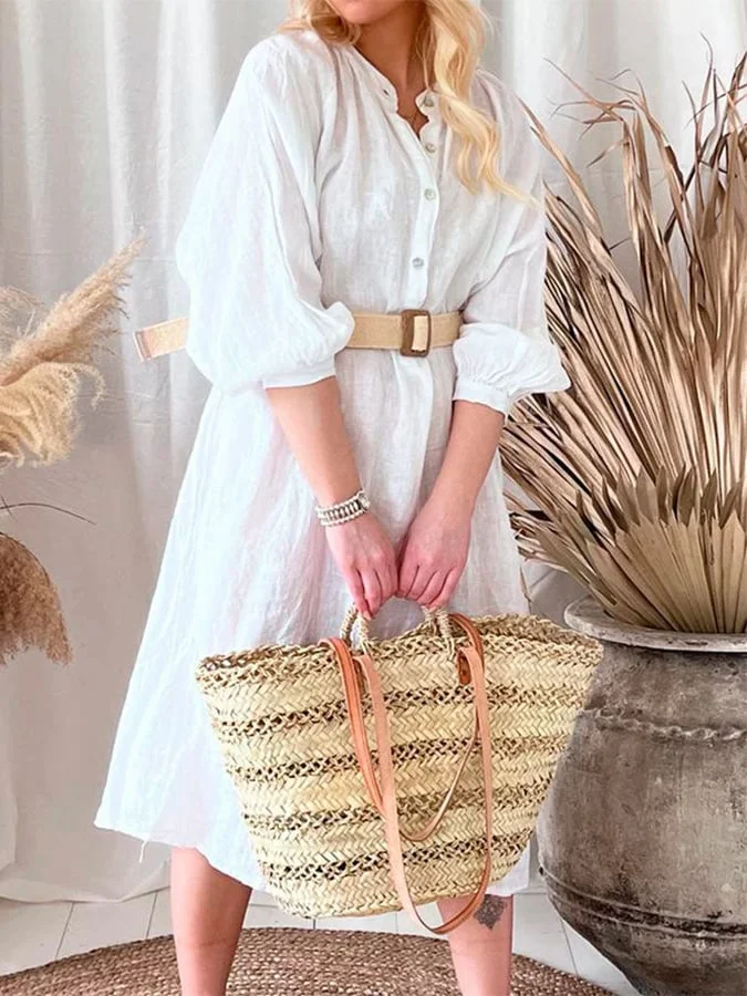 Women's Cotton And Linen Solid Color Stand Collar Button Dress