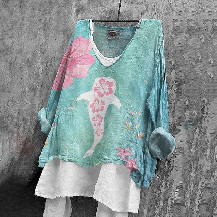 Utbros Whale In Summer Floral Art Pattern Linen Blend Tunic