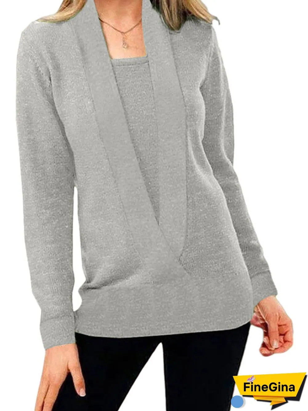 Women's Solid Color Square Collar Fake Two Long Sleeve Top