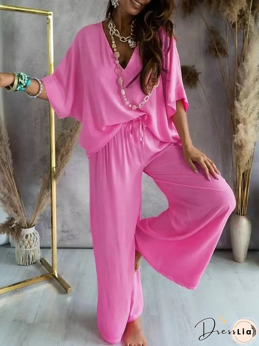 V-Neck Bat Sleeve T-Shirt Wide-Leg Pants Set