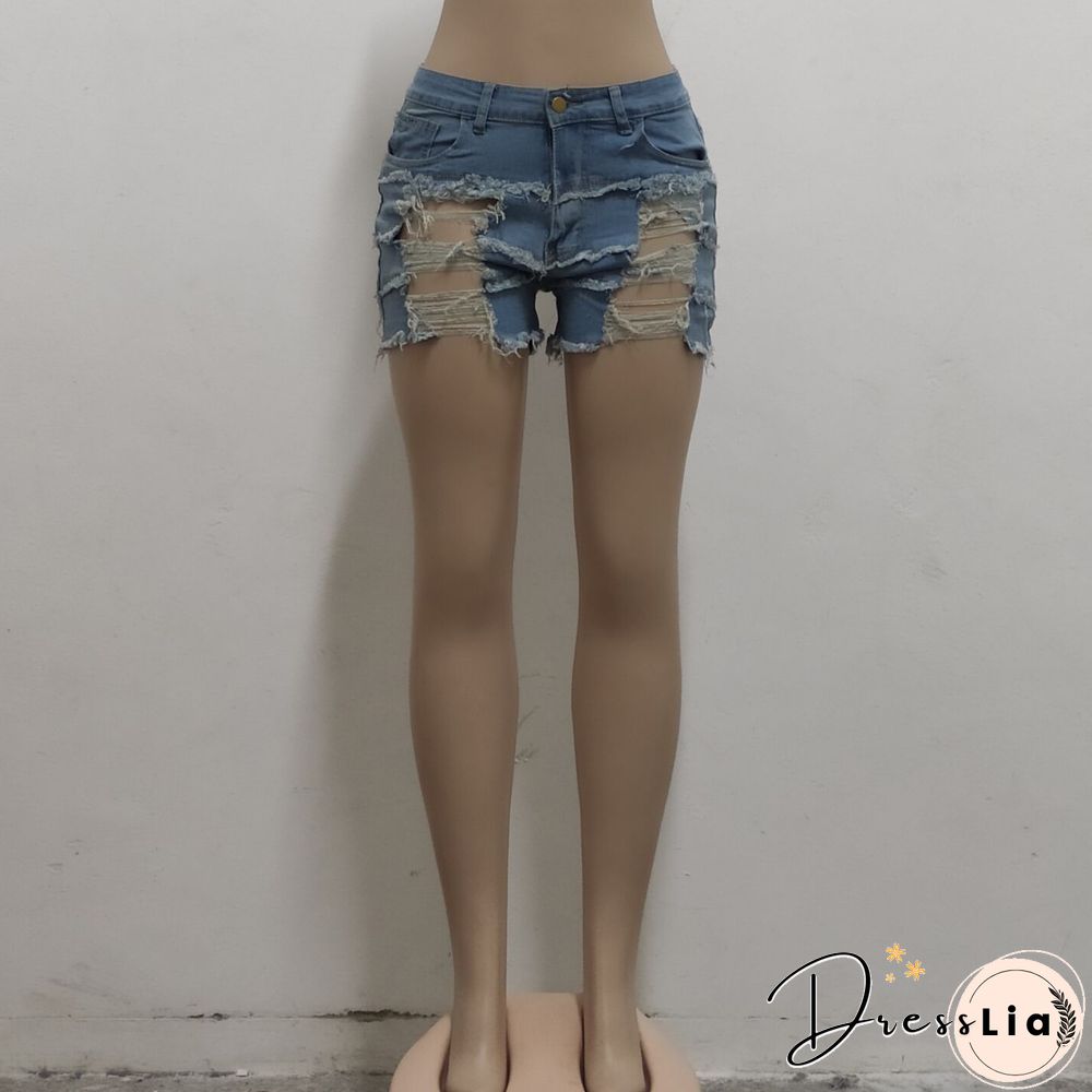 Summer Sexy Patchwork Women Ripped High Waist Holes Stretch Streetwear Plus Size Denim