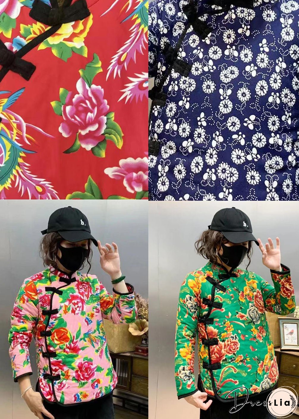 Red Print Fine Cotton Filled Coat Outwear Mandarin Collar Winter