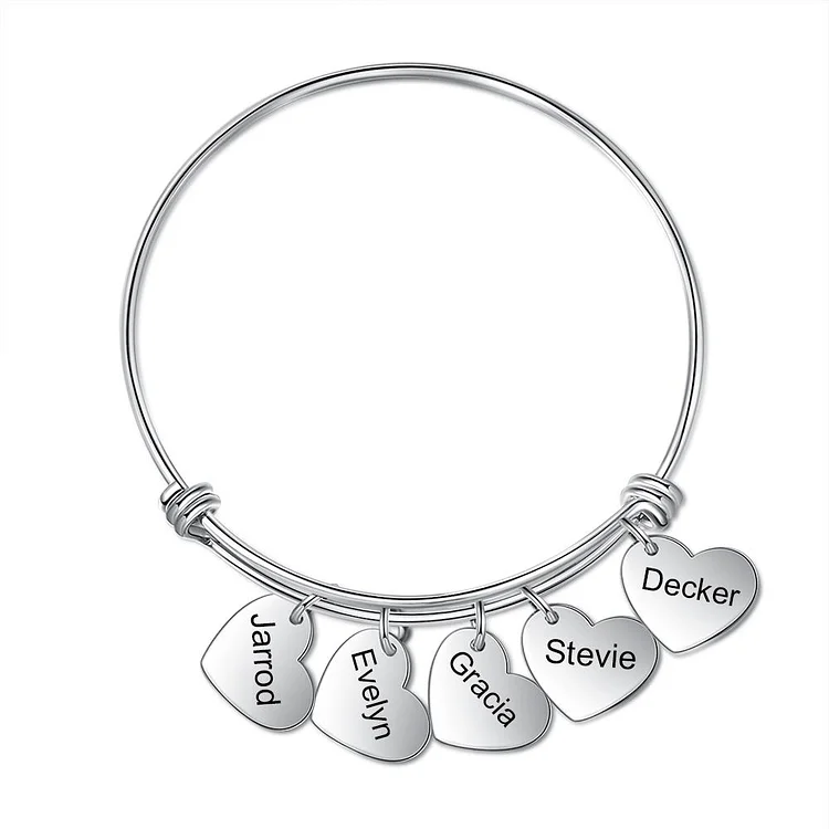 Heart Bangle Bracelet Personalized with 5 Heart Charm Engraved 5 Names Gift For Mom