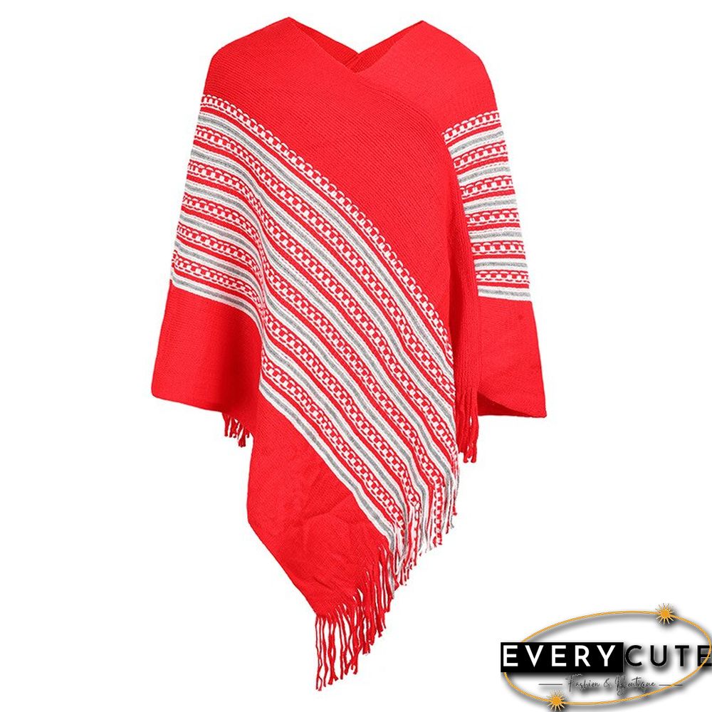 New V Neck Women Autumn Winter Sweater Colored Pullover Stripe Femme Oversize Shawls Wraps Tassel Aesthetic Knit Cape