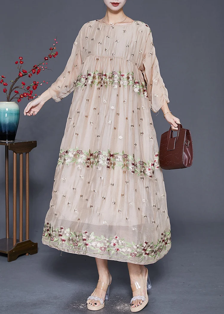 Bohemian Apricot Embroideried Oversized Silk Maxi Dresses Fall