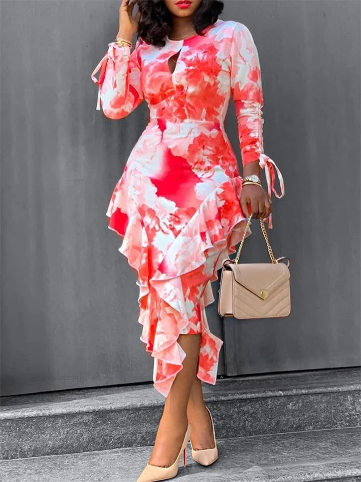 Commuter Print Ruffle Hip Wrap Long Sleeve One Step Dress-Cosfine