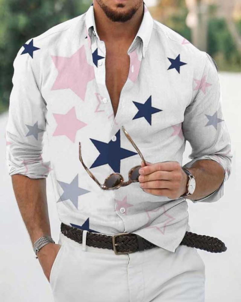 Men's star print long sleeve beach shirt