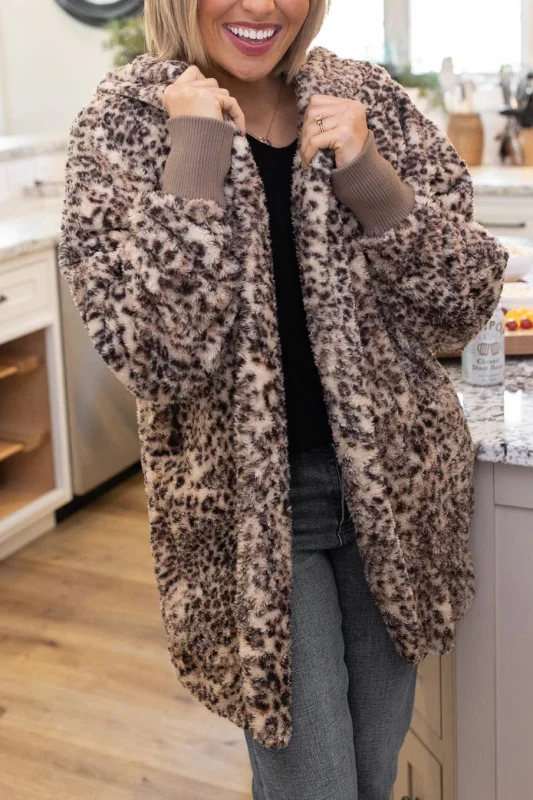 OVER SIZE Leopard print flannel hooded jacket