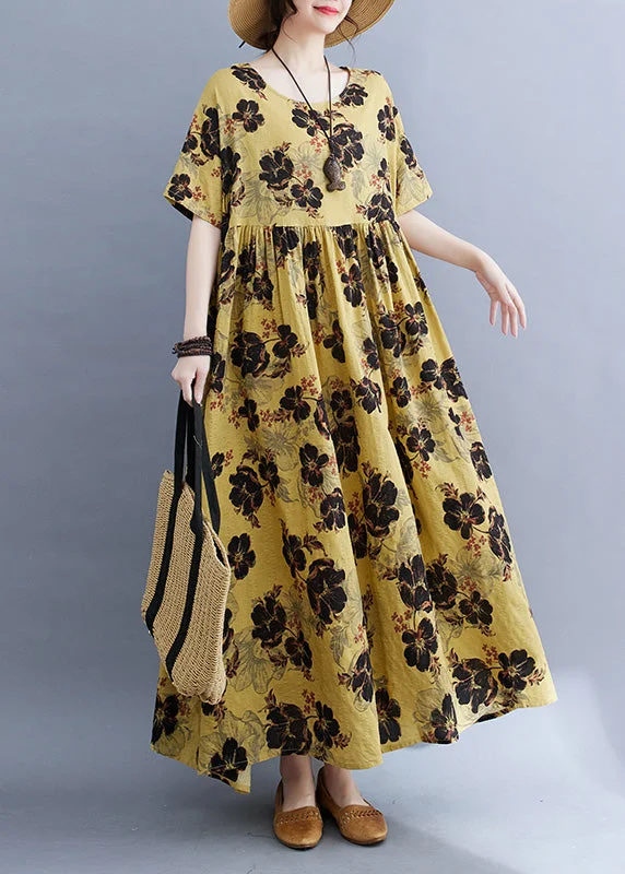 Fine Yellow Print Patchwork Wrinkled Long Dresses Summer