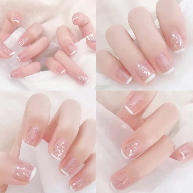24pcs Natural Temperament French Simple Short Style Acrylic Classical Fake Nails With Glue DIY Art Manicure Products TY