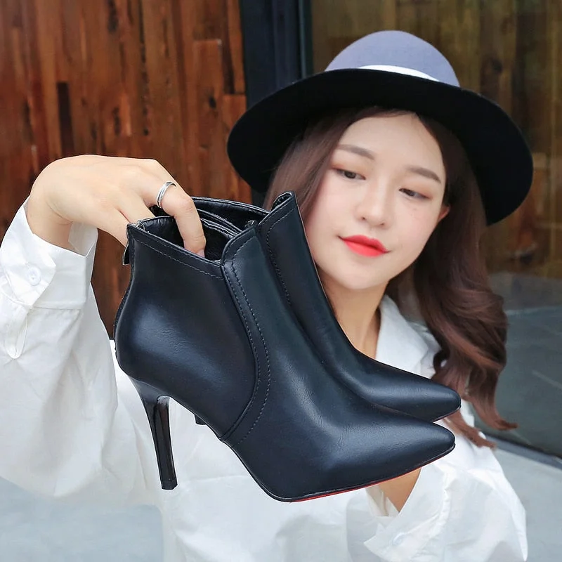 Women Casual Autumn Winter Ankle Boots Women Comfortable Sexy Pointed Toe Zipper Thin High Heels Pumps Martin Boots Shoes Mujer
