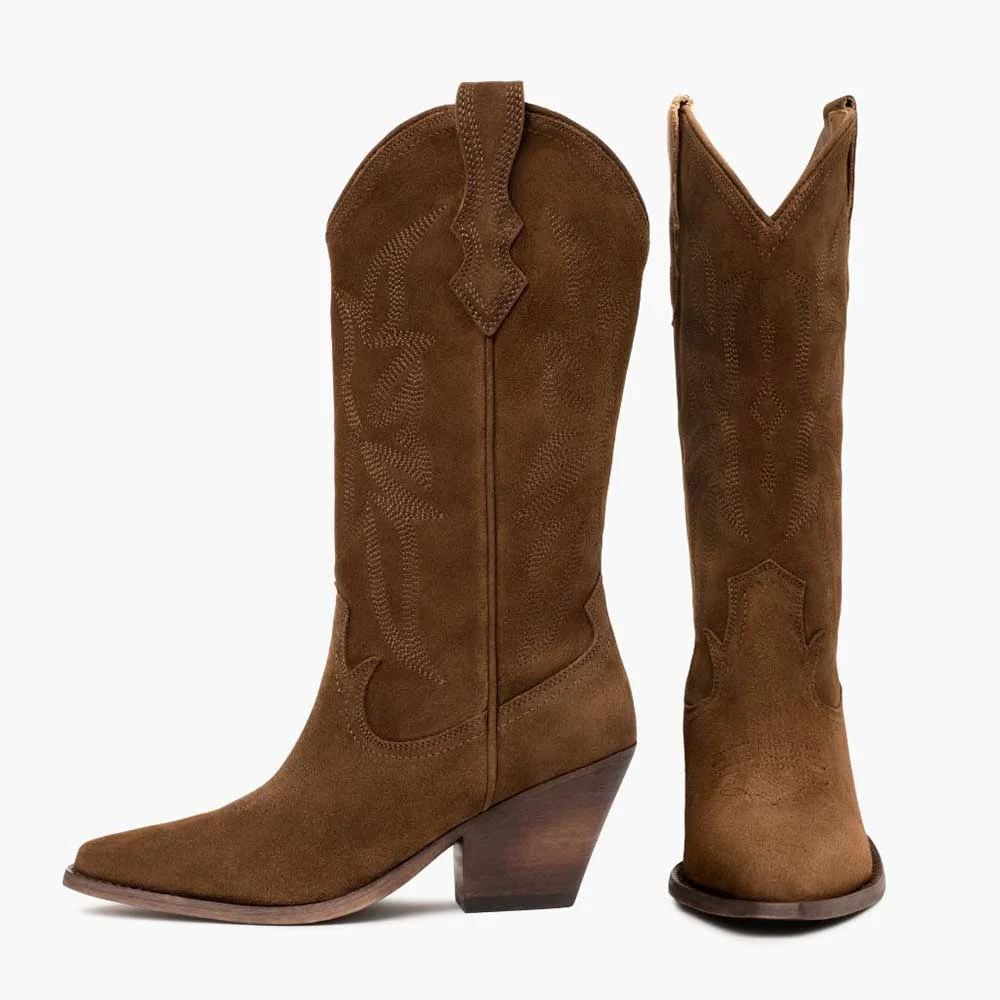 YDN Brown Pointed Toe Vegan Suede Chunky Heel Cowboy Boots for Women