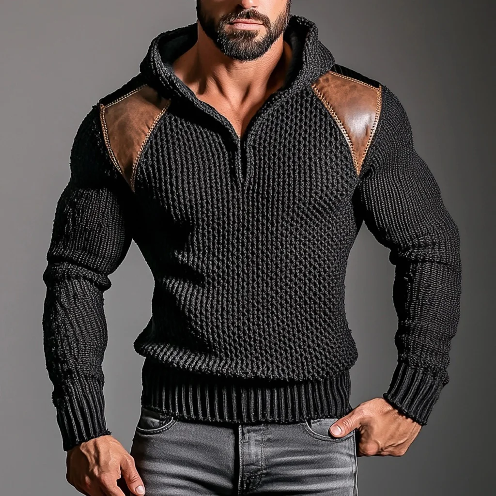 Men's Knitted Leather Patchwork Casual Hoodie-inspireuse