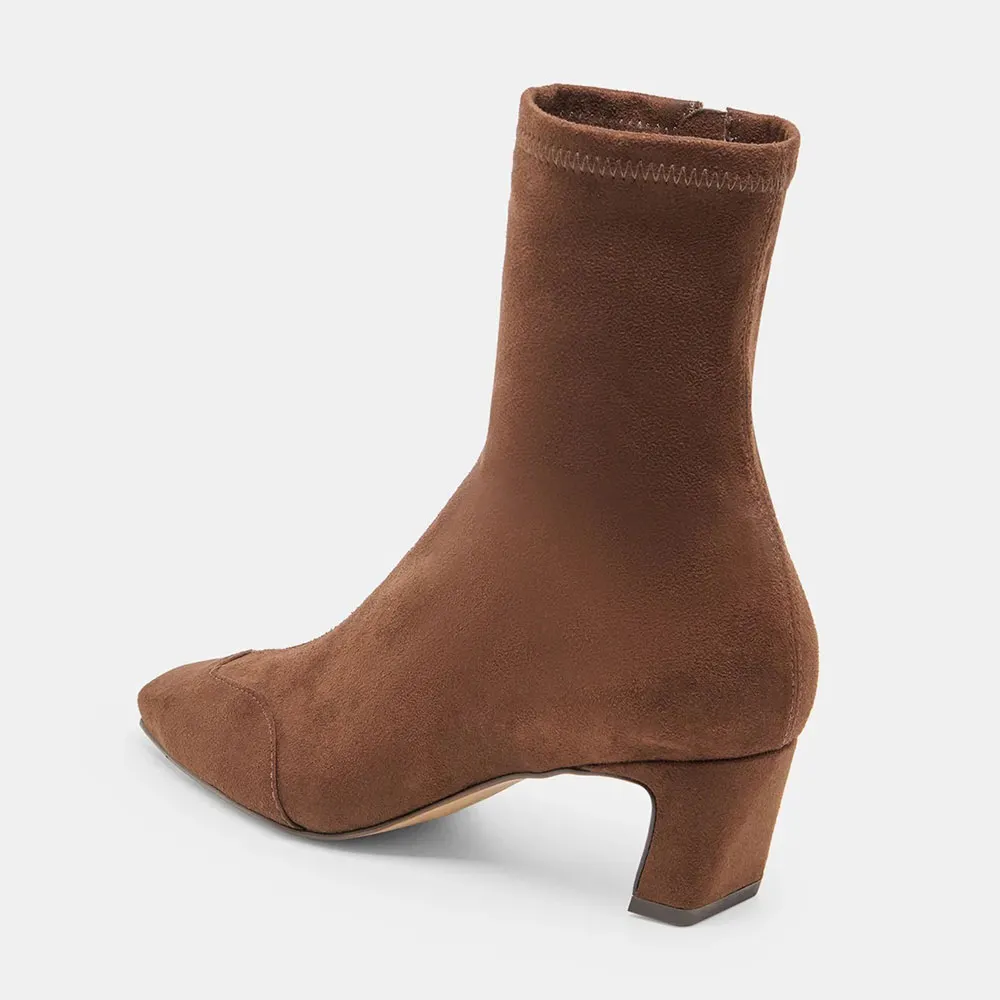 Women's Brown Vegan Suede Low Heeled Ankle Boots with Zipper