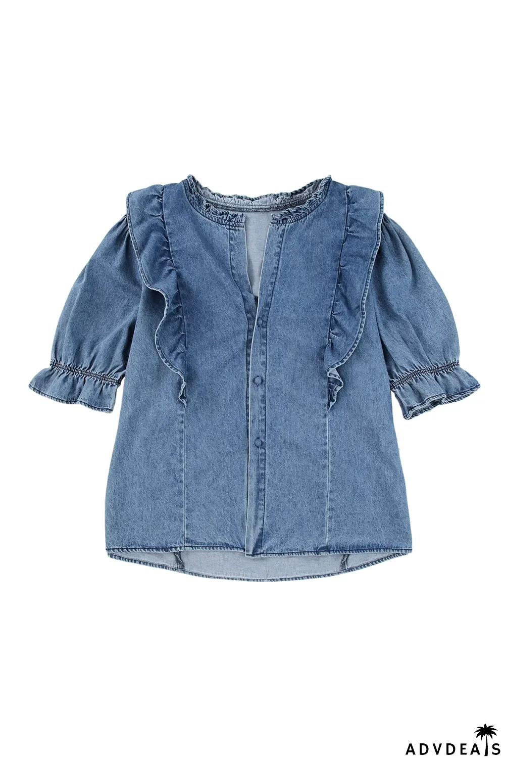 Sky Blue Ruffle Trim Half Sleeve Denim Shirt