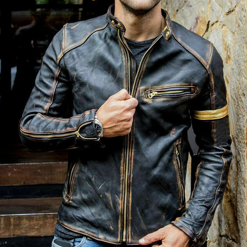 Retro Distressed Stand Collar Zippered Motorcycle Leather Jacket