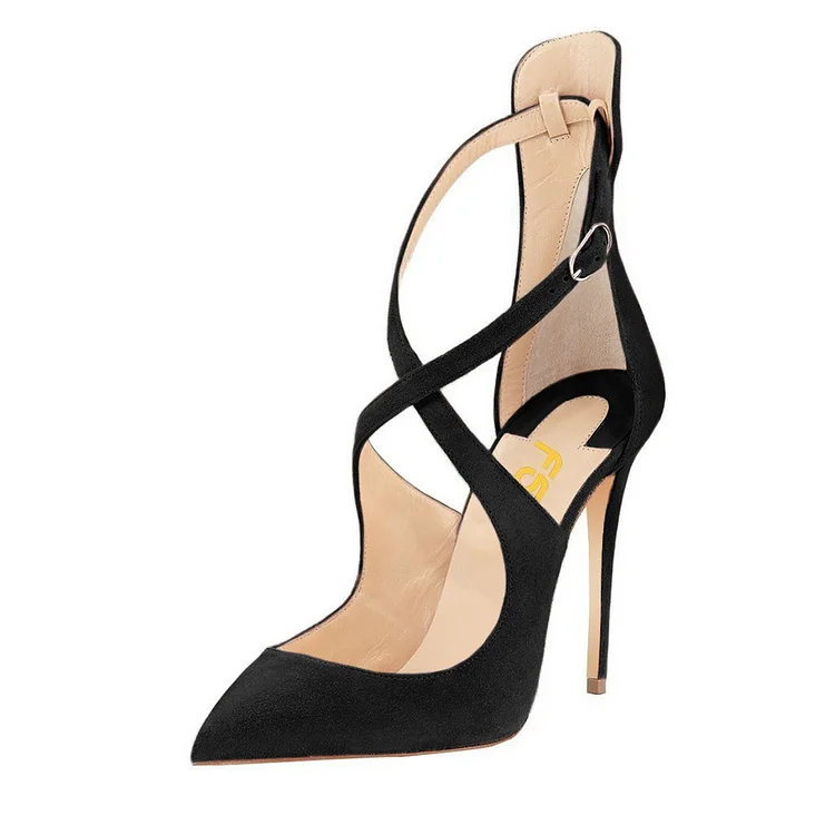 Women's Leila Black Crossed-Over Strappy Stiletto Heels Shoes |FSJ Shoes
