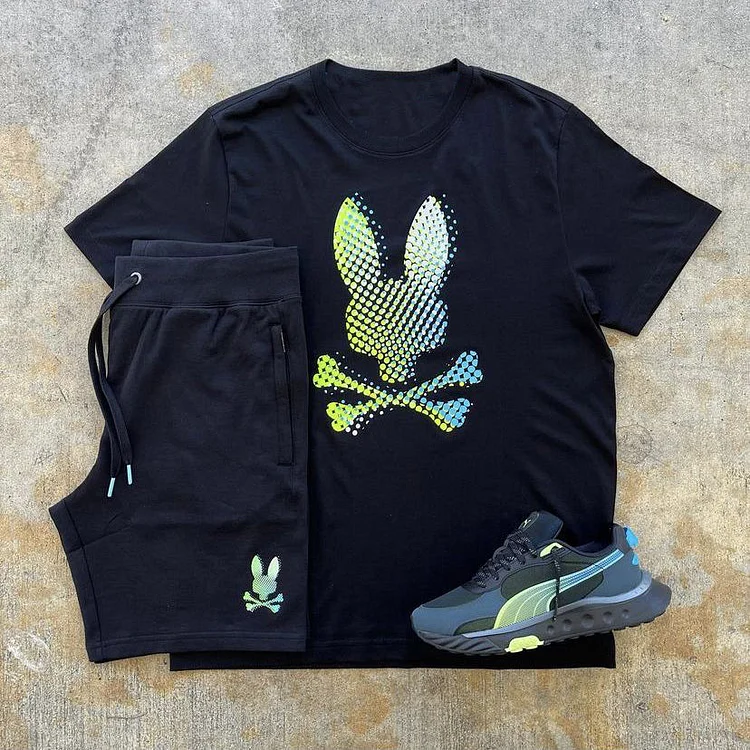 Casual Bunny Print Crew Neck T-Shirt Set