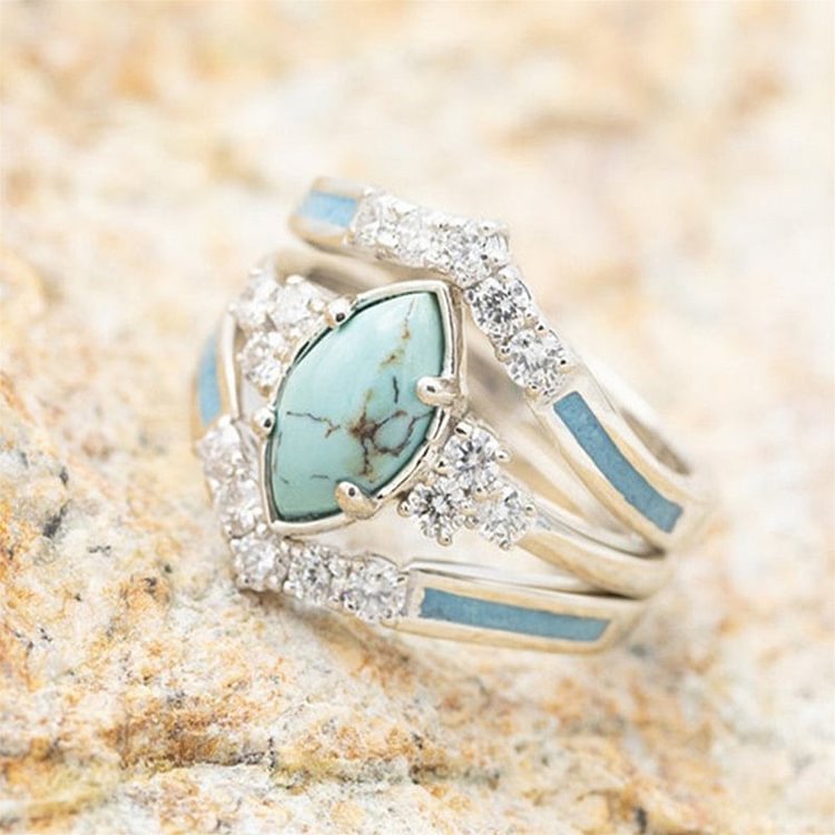 Sterling Silver Natural Turquoise Diamond Ring Set