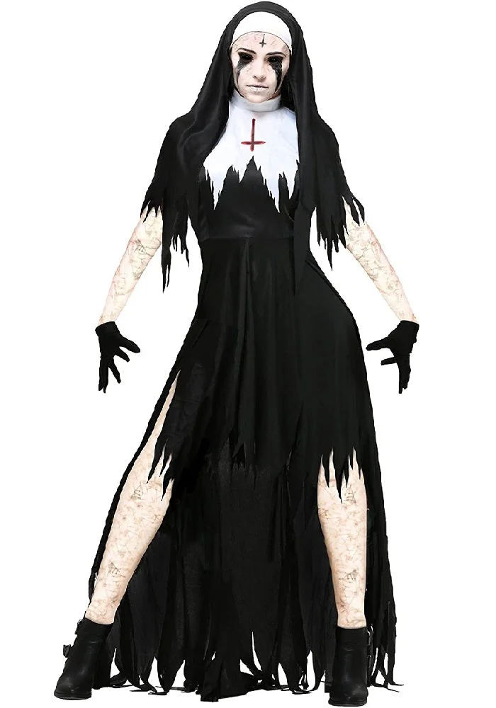 Dreadful Gothic Nun Costume For Women Black-elleschic