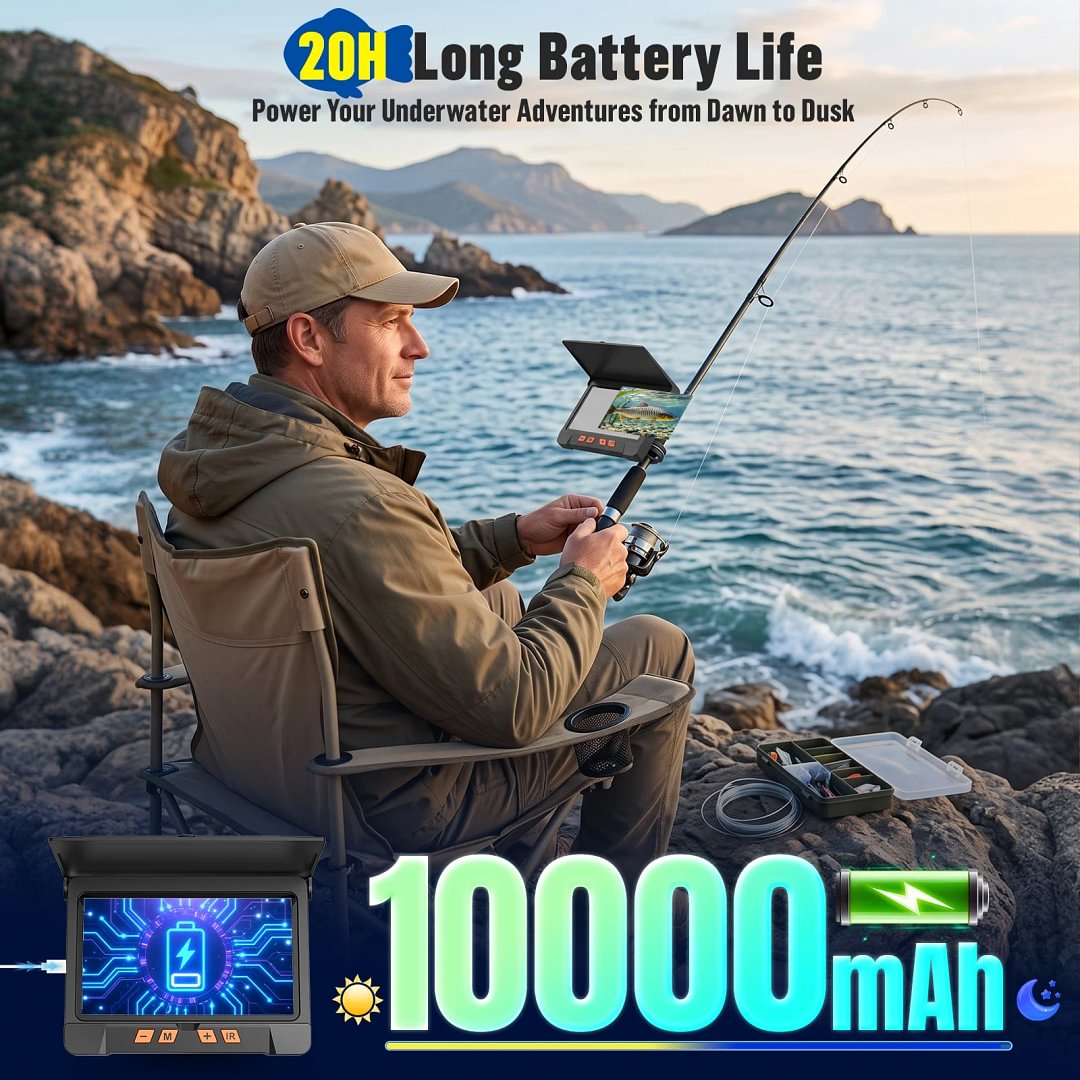 BEBANG 7" IPS Underwater Fishing Camera, 10MP 220&deg; Fish Finder with 12 IR Lights, 10000mAh Battery, 66FT Cable Reel, IP68 Waterproof for Ice, Lake & Boat Fishing