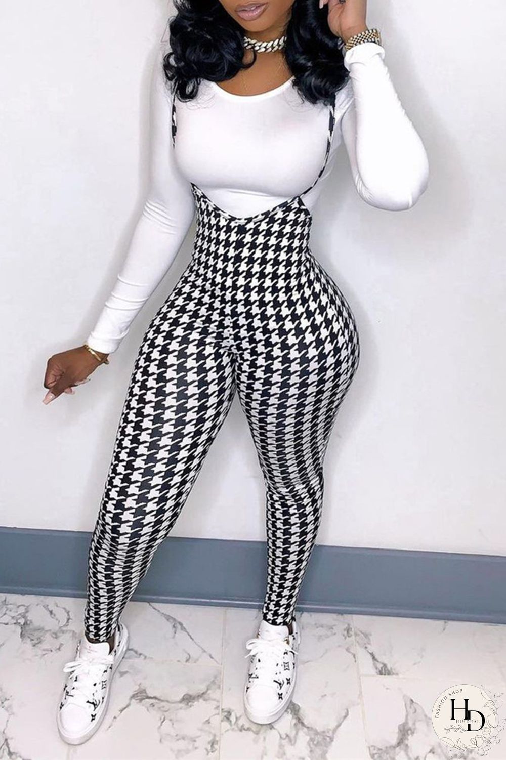 Black White Fashion Casual Print Spaghetti Strap Skinny Jumpsuits (Without Top)