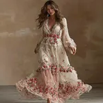 Women's Vintage Pink Rose Embroidered Linen Blend Dress - Image 2