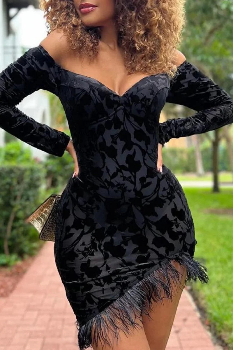Sexy Casual Patchwork Feathers Off the Shoulder Long Sleeve Dresses