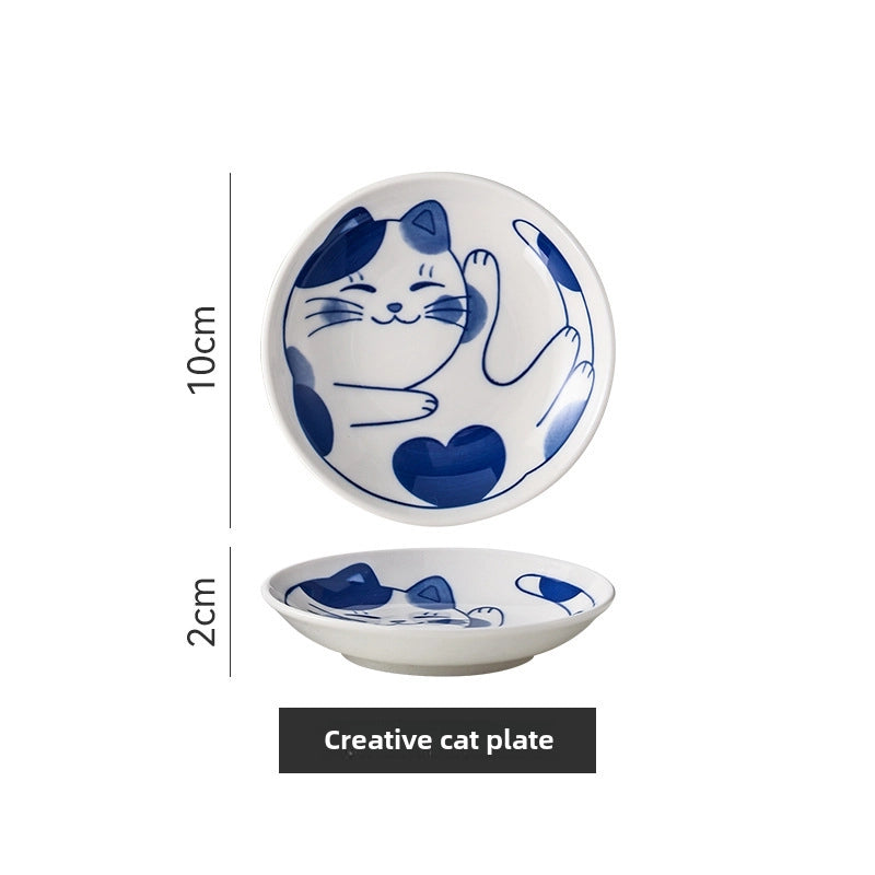 Japanese Style Cat Dish Cartoon Ceramic Dish Household Dining Table Dip Dish Soy Sauce Dish Hotpot Seasoning Dish Small Dish Seasoning Dish