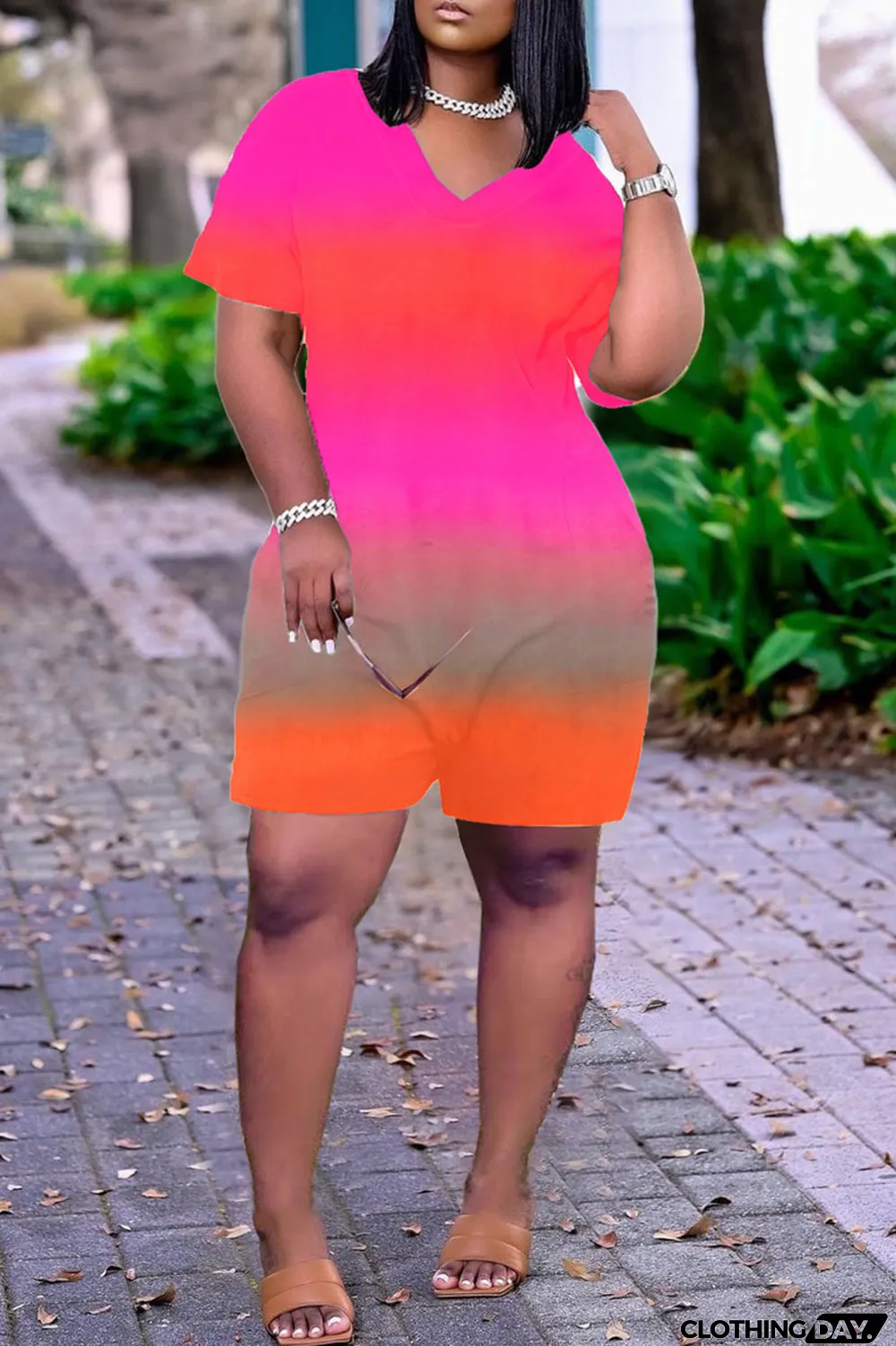 Pink Casual Gradual Change Print Tie-dye O Neck Loose Jumpsuits