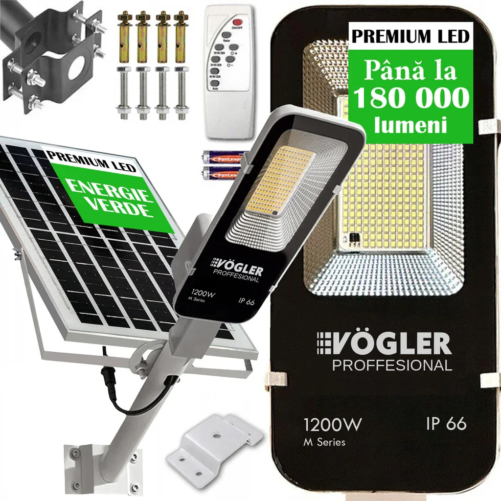 Lampă solară puternică, senzor crepuscular, telecomandă, Vögler Professional 1200W-T