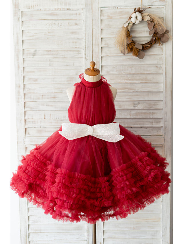 Oknass Ball Gown Sleeveless  High Neck Flower Girl Dresses Tulle  With Bow