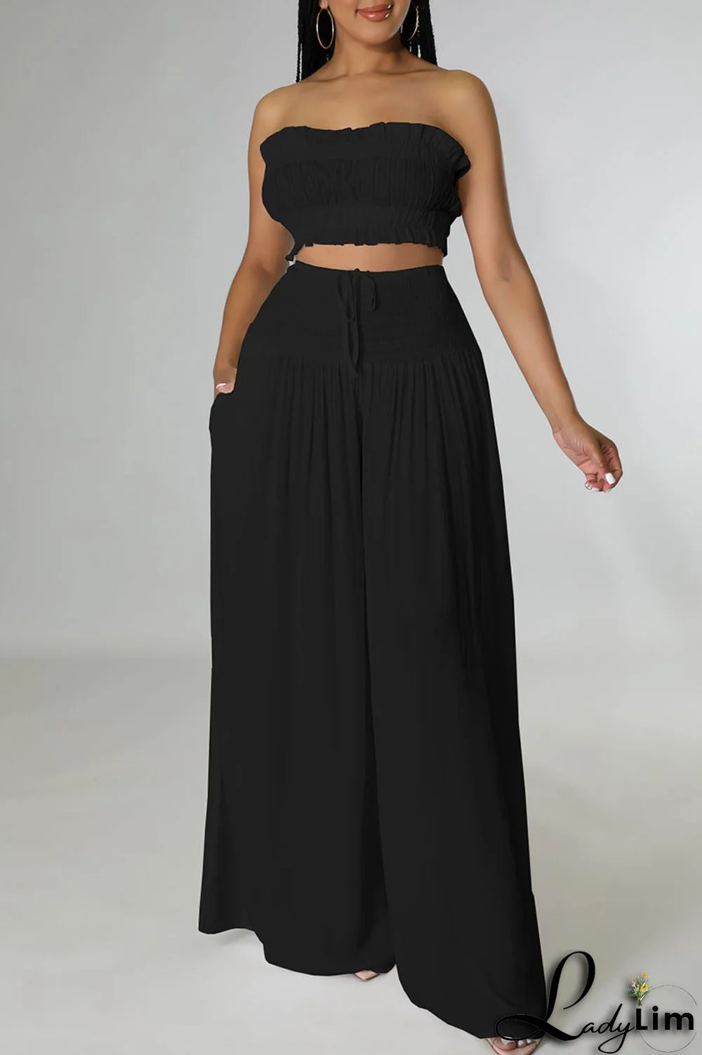 Black Sexy Solid Split Joint Stringy Selvedge Strapless Sleeveless Two Pieces
