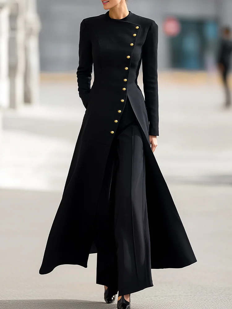 High Waisted Long Sleeves Buttoned Solid Color Split-Front Round-Neck Midi Dresses