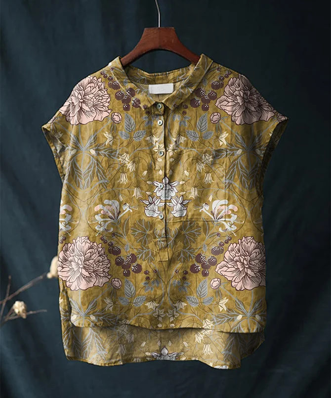 Vintage Floral Print Short-sleeved Cotton and Linen Shirt