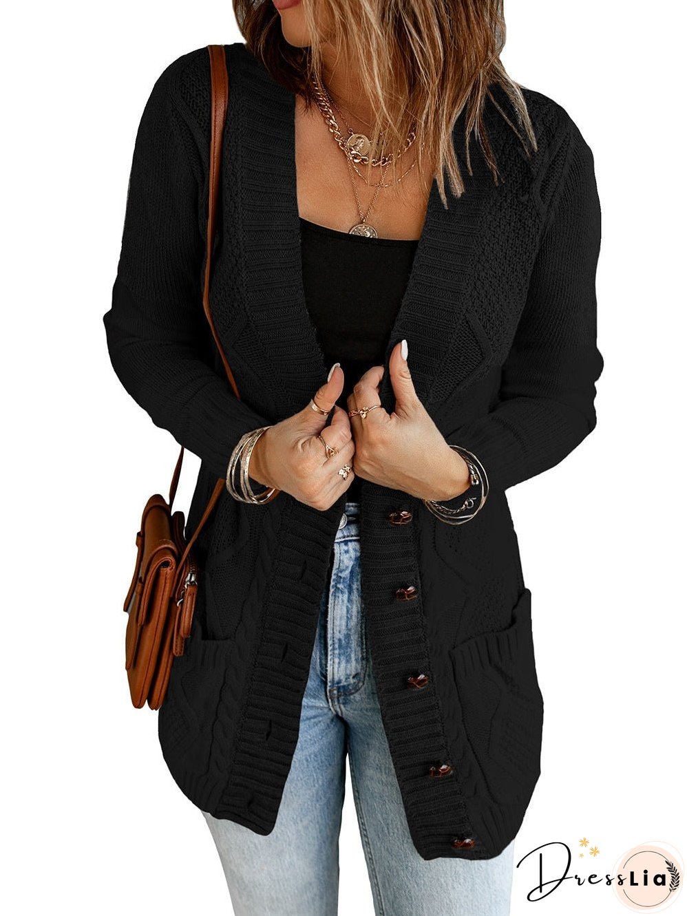 Cozy Black Knit Cardigan with Button-Up Front and Pockets
