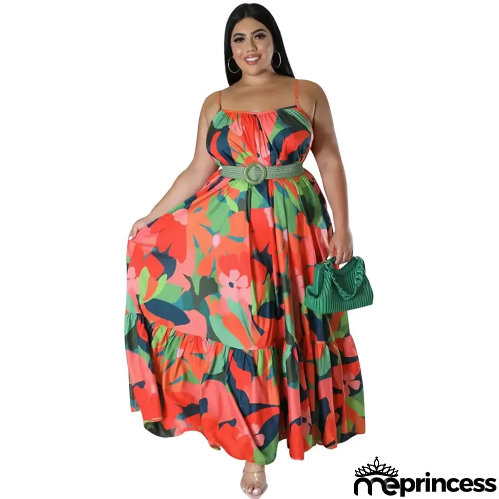 Plus Size Women Summer Sexy Off Shoulder Pleated Print Strap Dress
