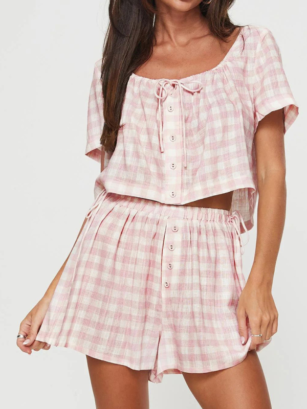 Mature Women New Pink Plaid Bow Tie Top Breasted Button Shorts Casual Skirt Suit