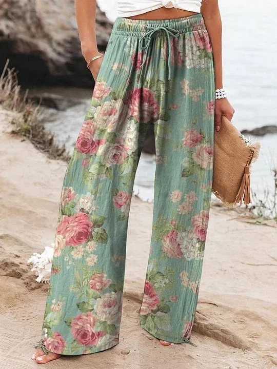 Women's Vintage Floral Art Printed Cotton And Linen Casual Pants