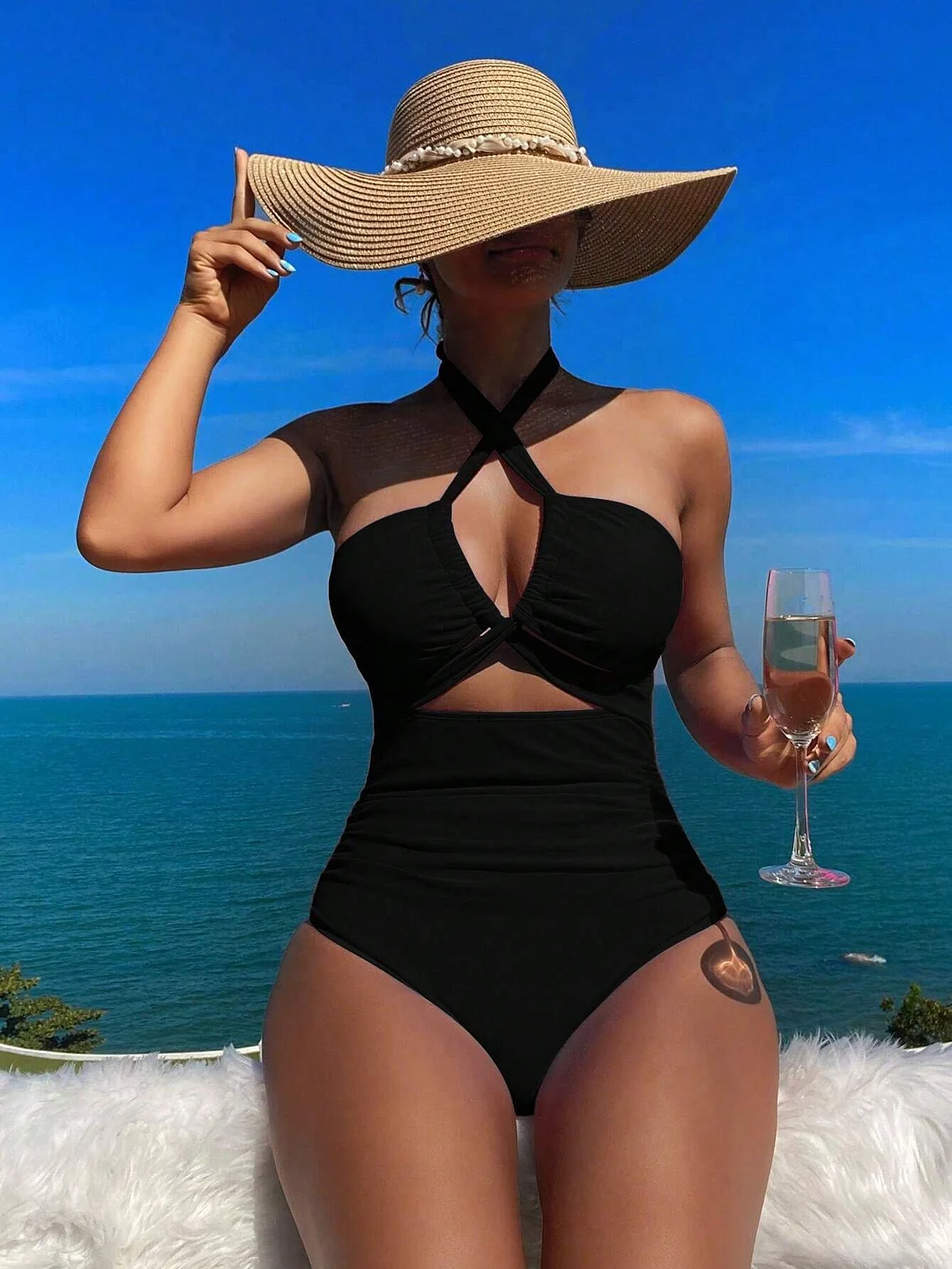 Uveng 2025 New Bikini Solid Color Sexy High-Waisted Bikini Swimsuit Women