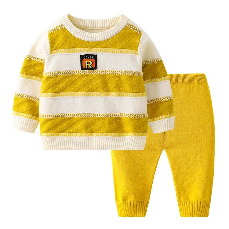 Baby Boy/Girl Ribbed Knit Stripe Pullover Sweatshirt with Pants Set