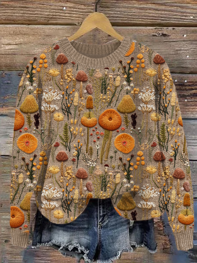 Mushroom Floral Embroidery Pattern Cozy Knit Sweater