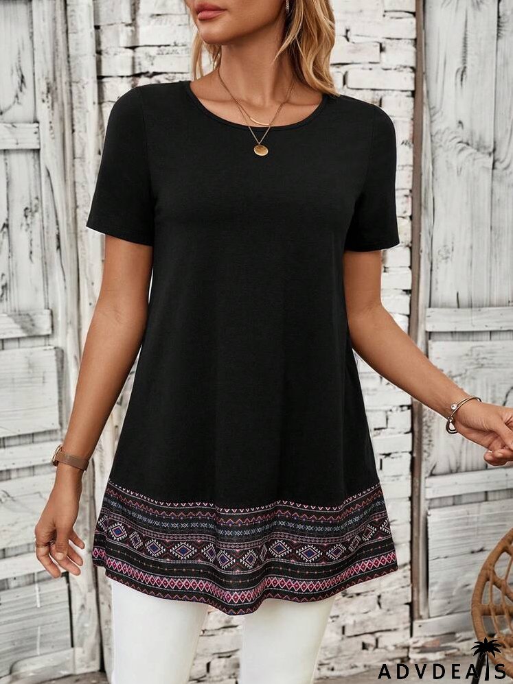 Geo Print Round Neck Tee For Summer