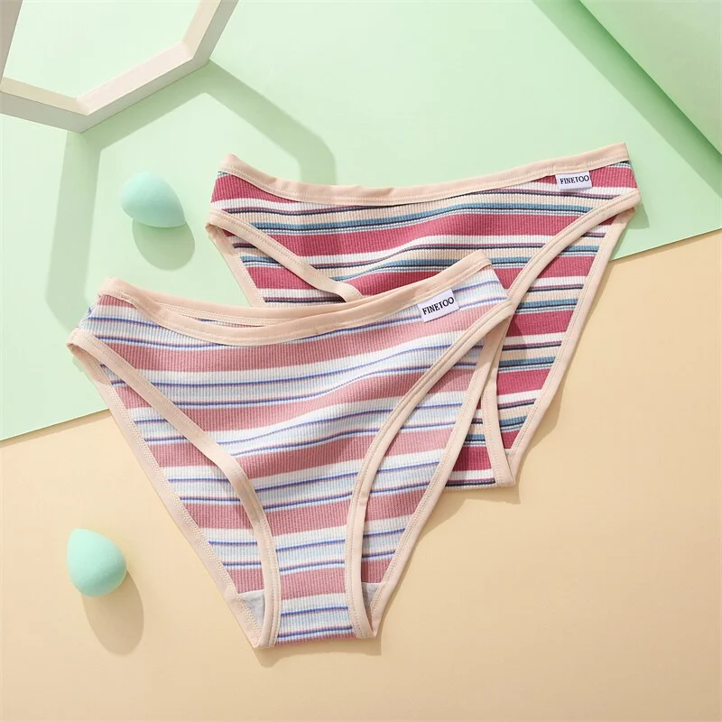Billionm 2PCS/Set Women's Cotton Panties Stripe Briefs Low Waist Underwear Breathable High Elasticity Panty Female Soft Lingerie