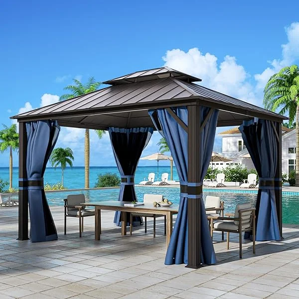 12' x 20' Hardtop Gazebo, Outdoor Aluminum Gazebo with Galvanized Steel Double Roof, Permanent Metal Canopy with Curtains and Netting for Patio, Garden, Lawn, Backyard, Deck, Beige 12'x20' Beige