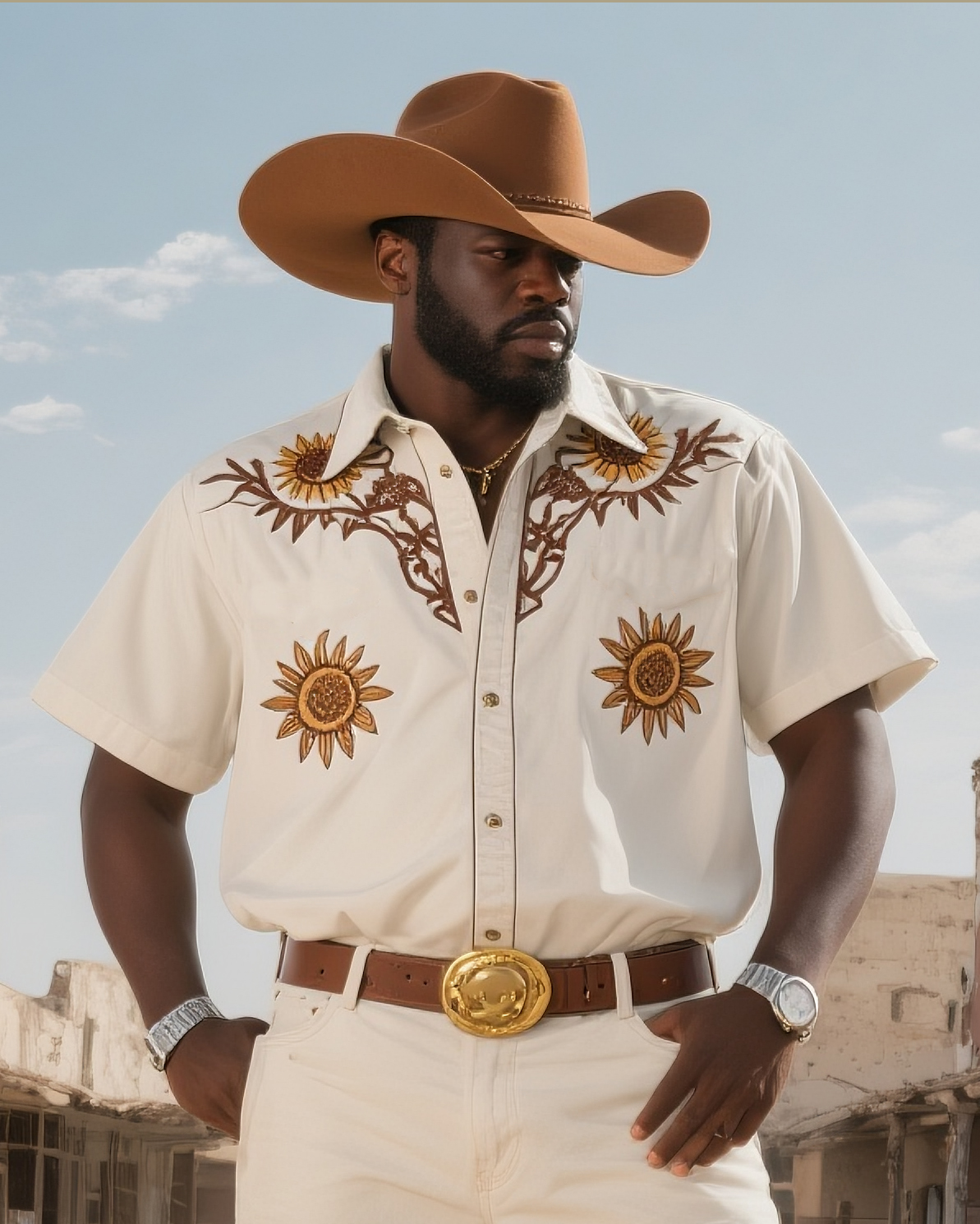 Men's Plus Size Western Denim Sunset & Textured Print Short Sleeve Shirt
